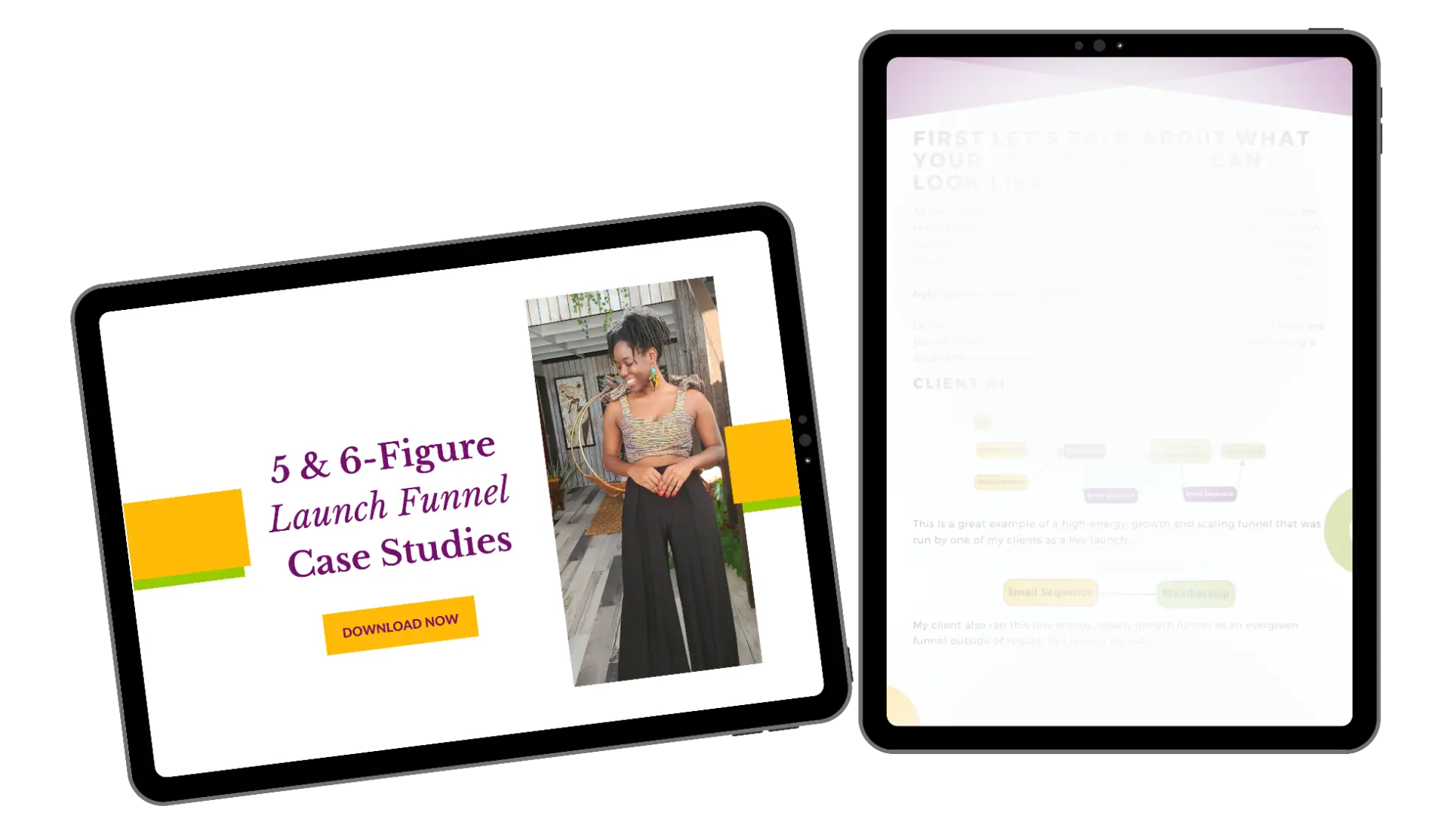 The 5 & 6-Figure Launch Funnel Case Studies guide cover and a sample inside page showing client funnel diagrams